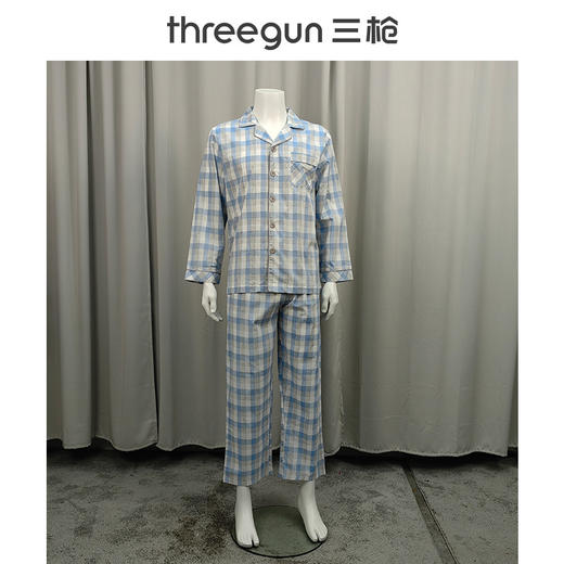 Threegun三枪 丝光棉彩格翻领开襟长袖长裤男家居套-81413D911 商品图12