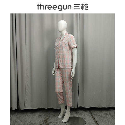 Threegun三枪 高支纯棉彩格翻领开襟短袖长裤女家居套-82114D011 商品图1