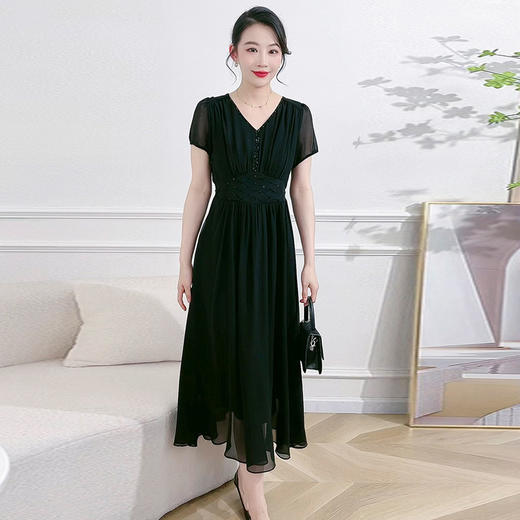 QYM 58B9161 -L收腰时尚雪纺裙V领优雅气质连衣裙 商品图3