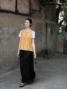 盛唐婧 |提花真丝缎双面穿对襟马甲-黄色