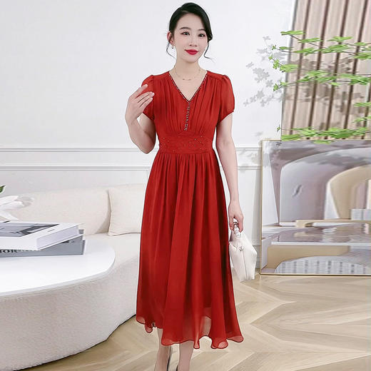 QYM 58B9161 -L收腰时尚雪纺裙V领优雅气质连衣裙 商品图0
