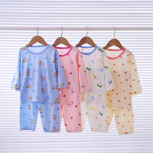 【夏季薄款天丝七分袖睡衣套装】科学配比面料清爽透气柔软舒弹，弹力松紧腰宽边设计不勒肚肚，莫代尔无骨宝宝家居服睡衣自带冰凉感QQ 商品图1