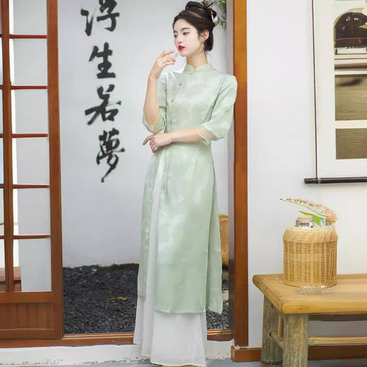 WY73-106-2090 2090新中式旗袍连衣裙夏季国风气质收腰修身显瘦套装高品质雪纺裤 商品图1