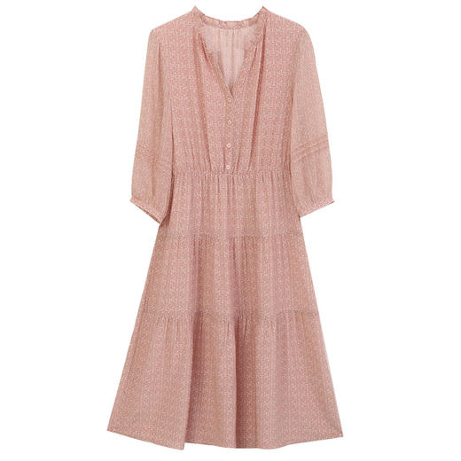 玳莎真丝V领蛋糕连衣裙2024新款休闲粉色印花夏季收腰中长款裙子  EB35310 商品图4