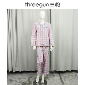 Threegun三枪 纯棉彩格翻领开襟长袖长裤女家居套-81690D911