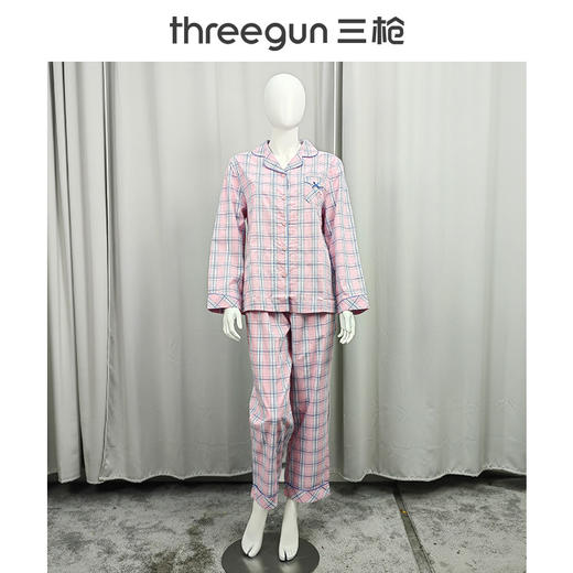 Threegun三枪 纯棉彩格翻领开襟长袖长裤女家居套-81690D911 商品图0