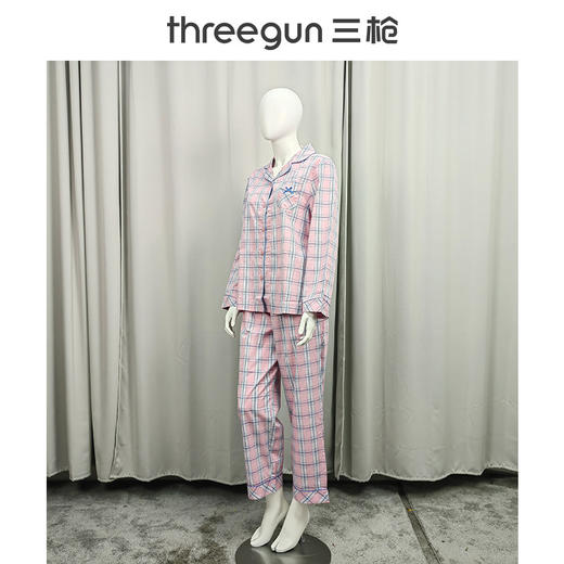 Threegun三枪 纯棉彩格翻领开襟长袖长裤女家居套-81690D911 商品图1