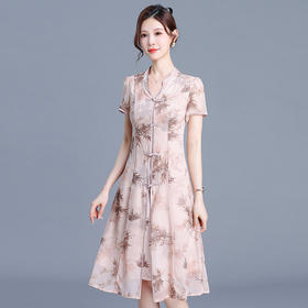 时尚洋气连衣裙，新国风印花短袖中长裙QYM-KED-6439-Y