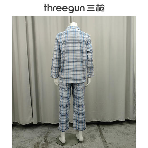 Threegun三枪 丝光棉彩格翻领开襟长袖长裤男家居套-81413D911 商品图5