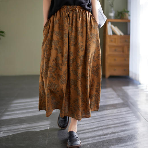 雀说 复古棉麻印花宽松松紧腰显瘦大摆中长款半身裙JMB091-555 商品图4
