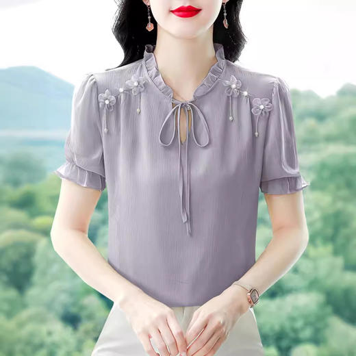 MZ 16578系带木耳边雪纺衫洋气小衫 商品图1