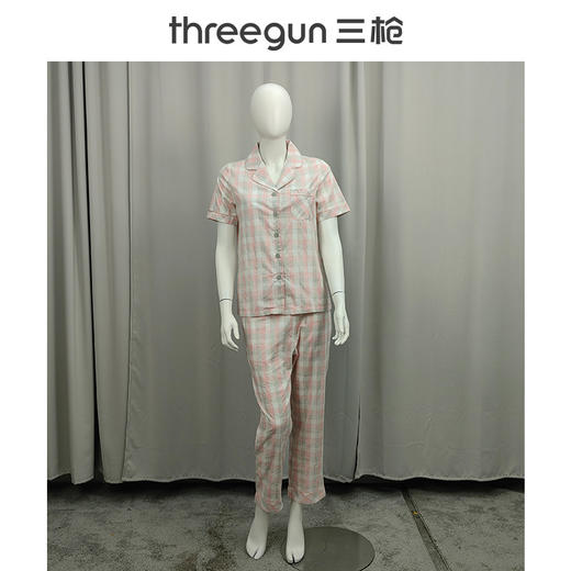 Threegun三枪 高支纯棉彩格翻领开襟短袖长裤女家居套-82114D011 商品图3