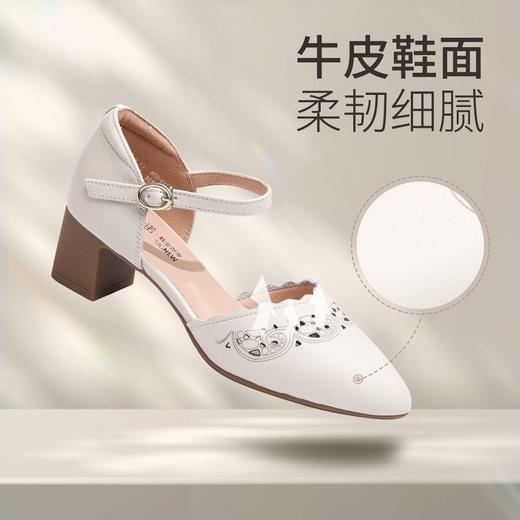 信诺 真皮包头凉鞋 2024新款夏季一字扣中空尖头中跟女粗跟妈妈鞋24C3113-026 商品图1