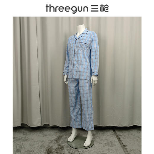 Threegun三枪 丝光棉彩格翻领开襟长袖长裤男家居套-81413D911 商品图10