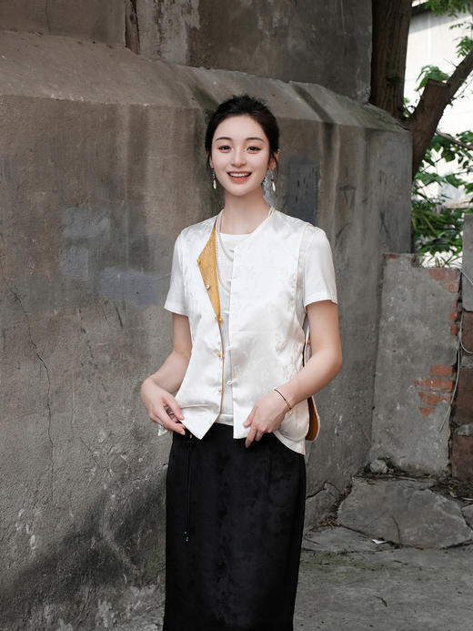 盛唐婧 |提花真丝缎双面穿对襟马甲-黄色 商品图3
