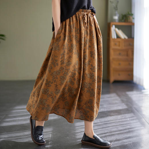 雀说 复古棉麻印花宽松松紧腰显瘦大摆中长款半身裙JMB091-555 商品图3