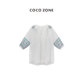 COCO ZONE"蔷薇日记”时尚高级感绣花短袖衬衫宽松显瘦V领套头上衣CC1B1041