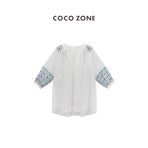 COCO ZONE"蔷薇日记”时尚高级感绣花短袖衬衫宽松显瘦V领套头上衣CC1B1041 商品图0