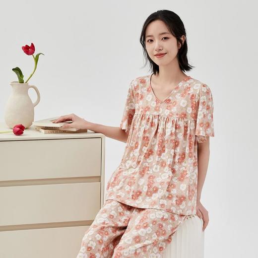 3部顶瓜瓜夏季纯棉女士小V领短袖中裤家居服套装DJJWX-AQW22589 商品图1