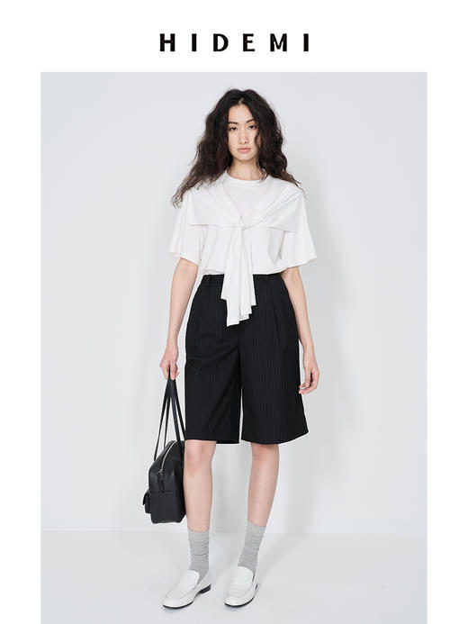 HIDEMI 小飞侠系列极简丝巾堆叠感多穿式水洗棉短袖t恤  燕麦米灰/白色/黑色 商品图4