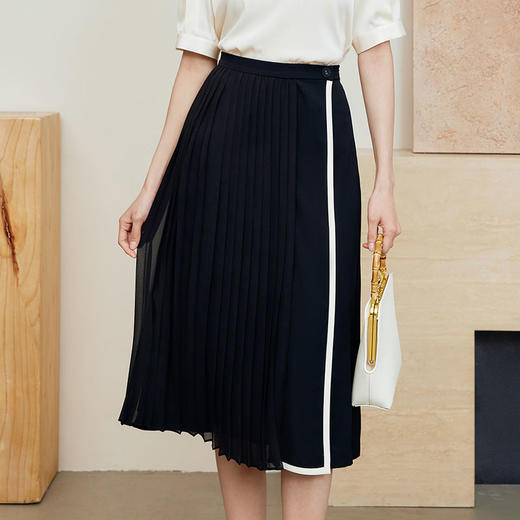 玳莎百褶叠片半裙2024新款通勤夏季垂坠感小个子撞色包边半身裙  EB34304 商品图0