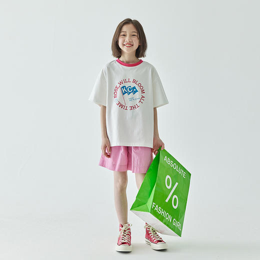 棵初2024夏季新品女童圆领撞色印花T恤百搭全棉柔软短袖上衣 商品图1