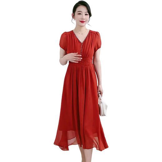 QYM 58B9161 -L收腰时尚雪纺裙V领优雅气质连衣裙 商品图4