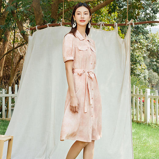 玳莎印花真丝衬衫裙2024新款夏季腰带收腰显瘦桑蚕丝短袖连衣裙  EB35306 商品图1