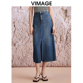 VIMAGE纬漫纪夏季新款高腰包臀开叉显瘦时尚牛仔半身裙V2106730