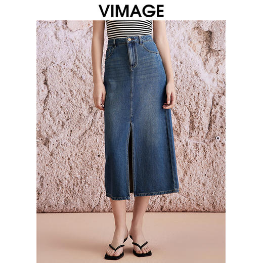 VIMAGE纬漫纪夏季新款高腰包臀开叉显瘦时尚牛仔半身裙V2106730 商品图0