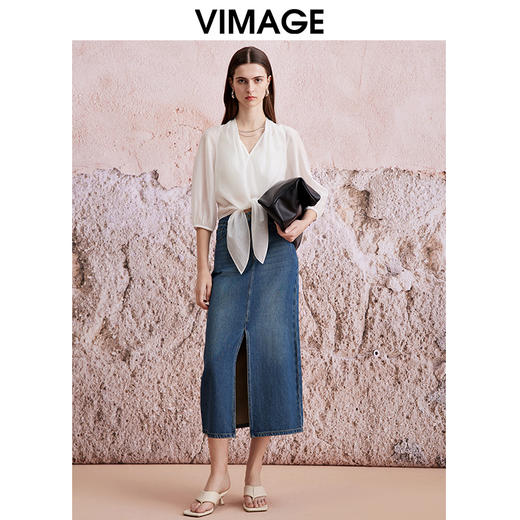 VIMAGE纬漫纪夏季新款高腰包臀开叉显瘦时尚牛仔半身裙V2106730 商品图1