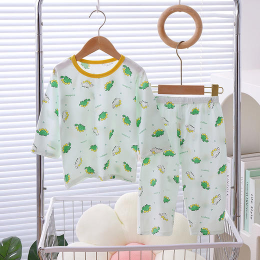 【夏季薄款天丝七分袖睡衣套装】科学配比面料清爽透气柔软舒弹，弹力松紧腰宽边设计不勒肚肚，莫代尔无骨宝宝家居服睡衣自带冰凉感QQ 商品图2