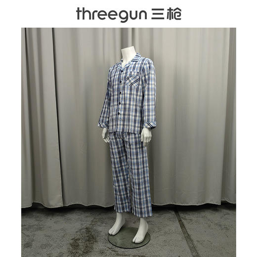 Threegun三枪 丝光棉彩格翻领开襟长袖长裤男家居套-81413D911 商品图7