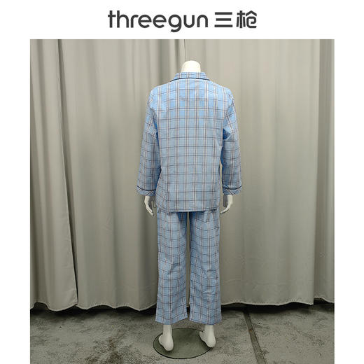 Threegun三枪 丝光棉彩格翻领开襟长袖长裤男家居套-81413D911 商品图11