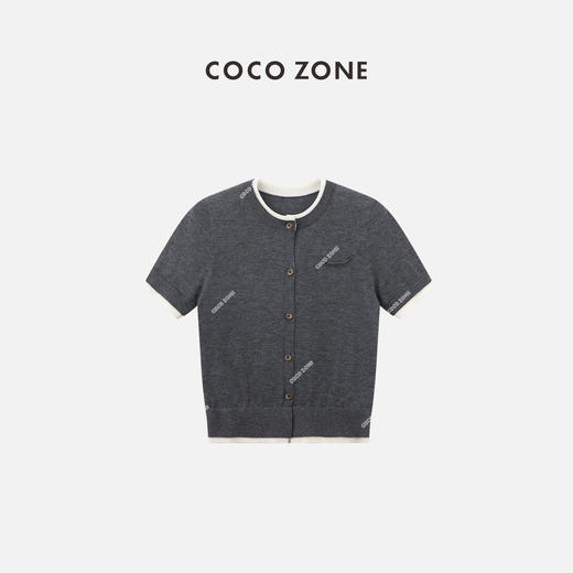 COCO ZONE2024‘格雷系“女时尚撞色圆领短袖针织开衫单排扣上衣CC2A0381 商品图0
