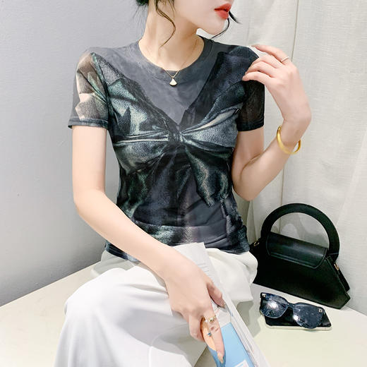 时尚纱网印花定位花短袖，圆领修身显瘦洋气上衣KQL-A55F8158 商品图1