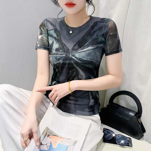 时尚纱网印花定位花短袖，圆领修身显瘦洋气上衣KQL-A55F8158 商品图2