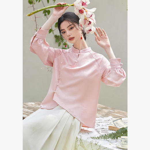 新中式国风小立领缎面提花衬衣女古典清雅气质衬衫V0041108 商品图0