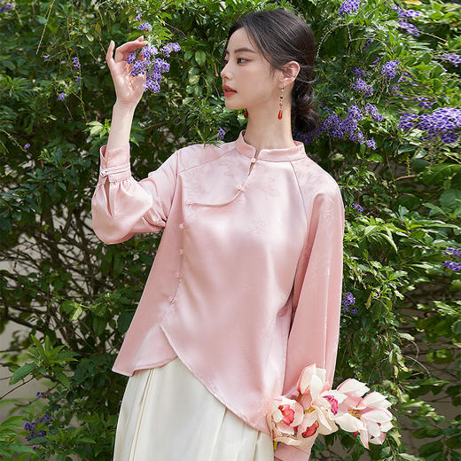 新中式国风小立领缎面提花衬衣女古典清雅气质衬衫V0041108 商品图2