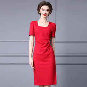 ZL-1651智丽奢华气质红色连衣裙夏重工钉钻泡泡袖方领包臀裙中裙