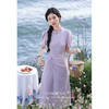 鹿向南「紫苑芳菲」新中式设计感连衣裙女夏季收腰系带开叉长裙L36532 商品缩略图0