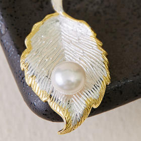纯银精雕福叶镶嵌珍珠吊坠文艺时尚送女友