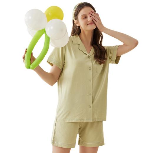 兰精莫代尔棉短袖短裤情侣睡衣女夏 纯色简约男女士家居服 商品图4