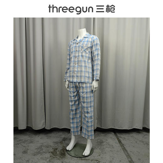 Threegun三枪 丝光棉彩格翻领开襟长袖长裤男家居套-81413D911 商品图13