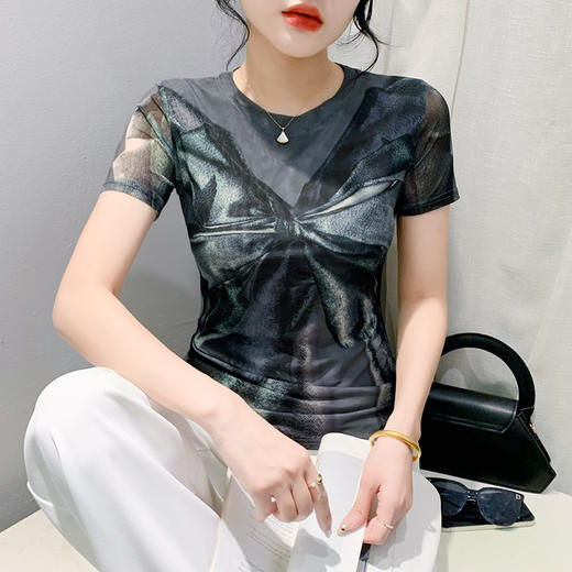 时尚纱网印花定位花短袖，圆领修身显瘦洋气上衣KQL-A55F8158 商品图3