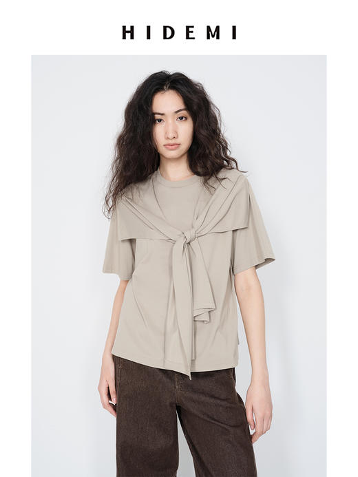 HIDEMI 小飞侠系列极简丝巾堆叠感多穿式水洗棉短袖t恤  燕麦米灰/白色/黑色 商品图7