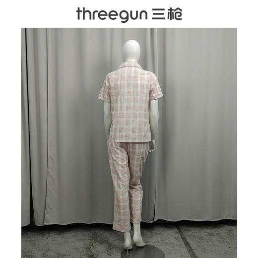 Threegun三枪 高支纯棉彩格翻领开襟短袖长裤女家居套-82114D011 商品图5