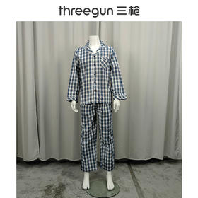 Threegun三枪 丝光棉彩格翻领开襟长袖长裤男家居套-81413D911