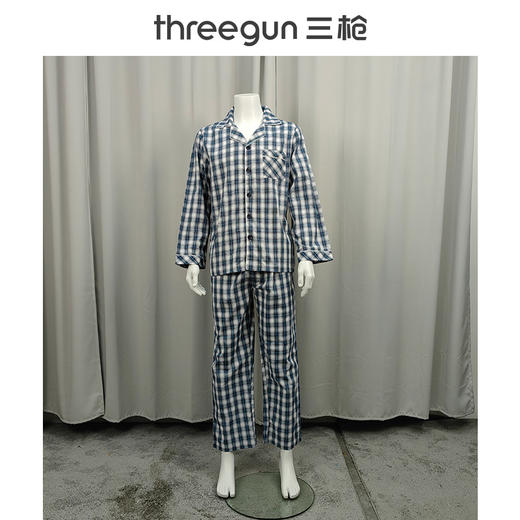 Threegun三枪 丝光棉彩格翻领开襟长袖长裤男家居套-81413D911 商品图0