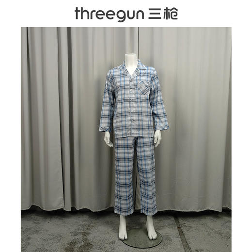 Threegun三枪 丝光棉彩格翻领开襟长袖长裤男家居套-81413D911 商品图3
